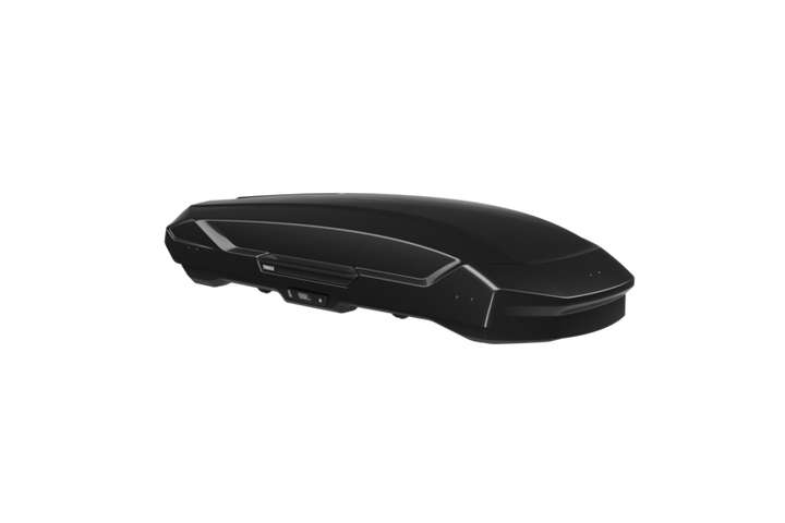 A black Thule Motion 3 XL roof box for vehicles, showcasing its aerodynamic design.