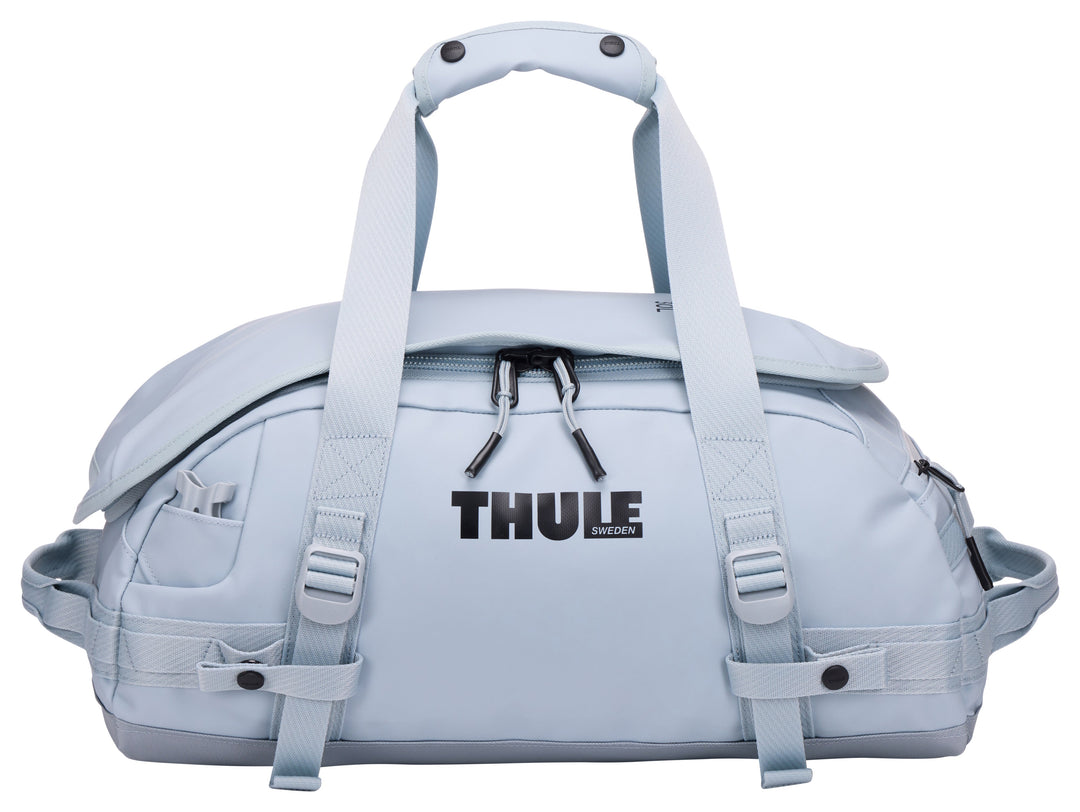 Light blue duffel bag with Thule logo on a white background